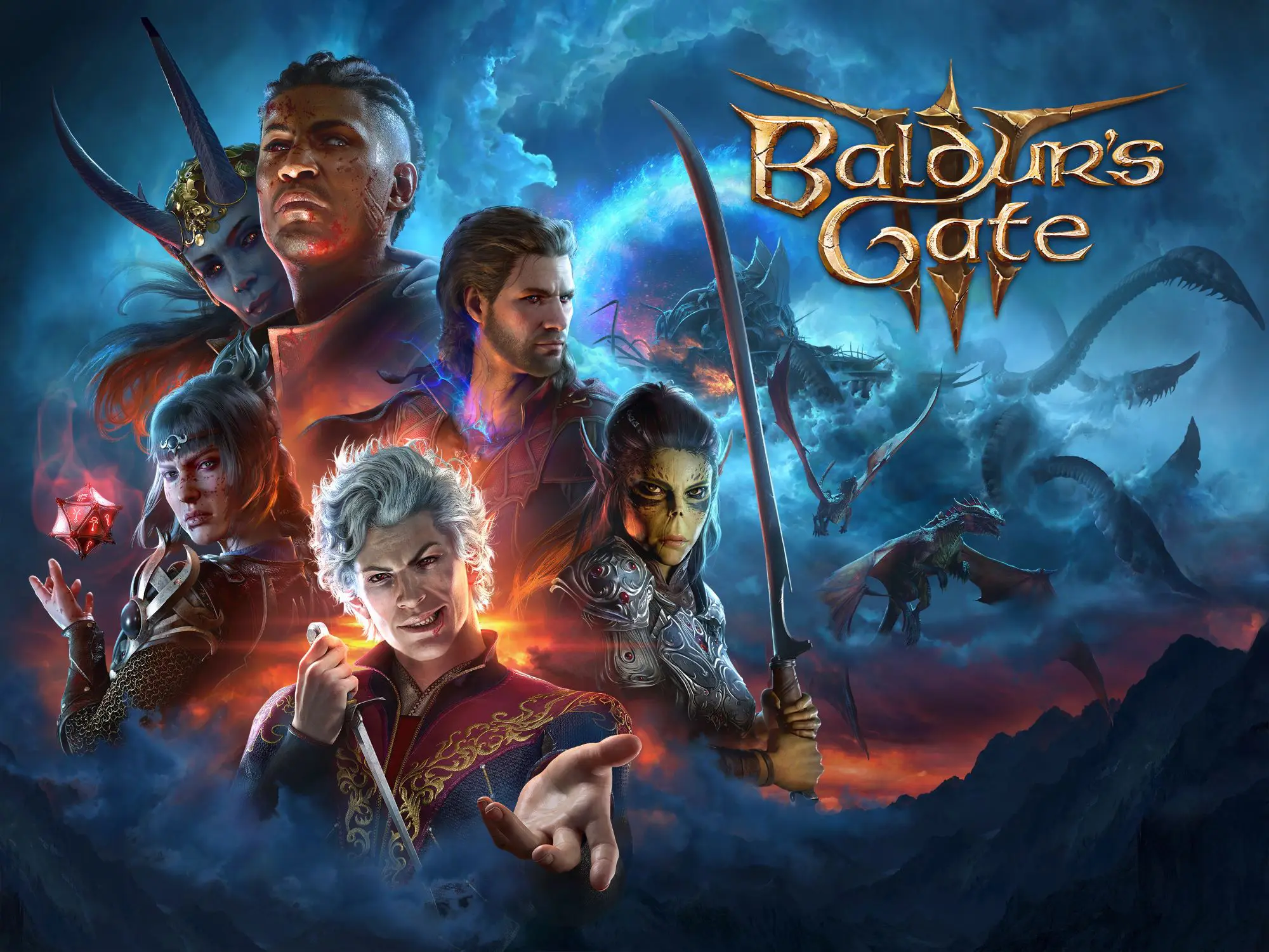 A promotional poster for Baldur's Gate 3. It shows several mythical looking characters on the foreground and flying dragons in the background.
