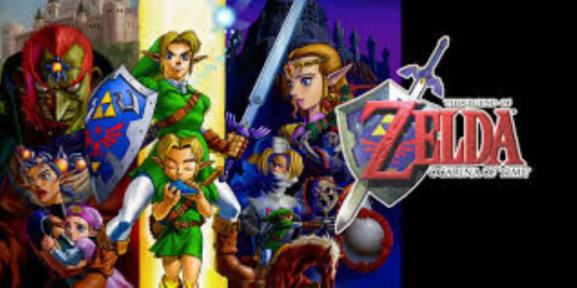 A promotional poster for the Zelda game. It is split into three sections, one with a green ogre on, one with two male elf like figures in green and one with a female elf like figure.
