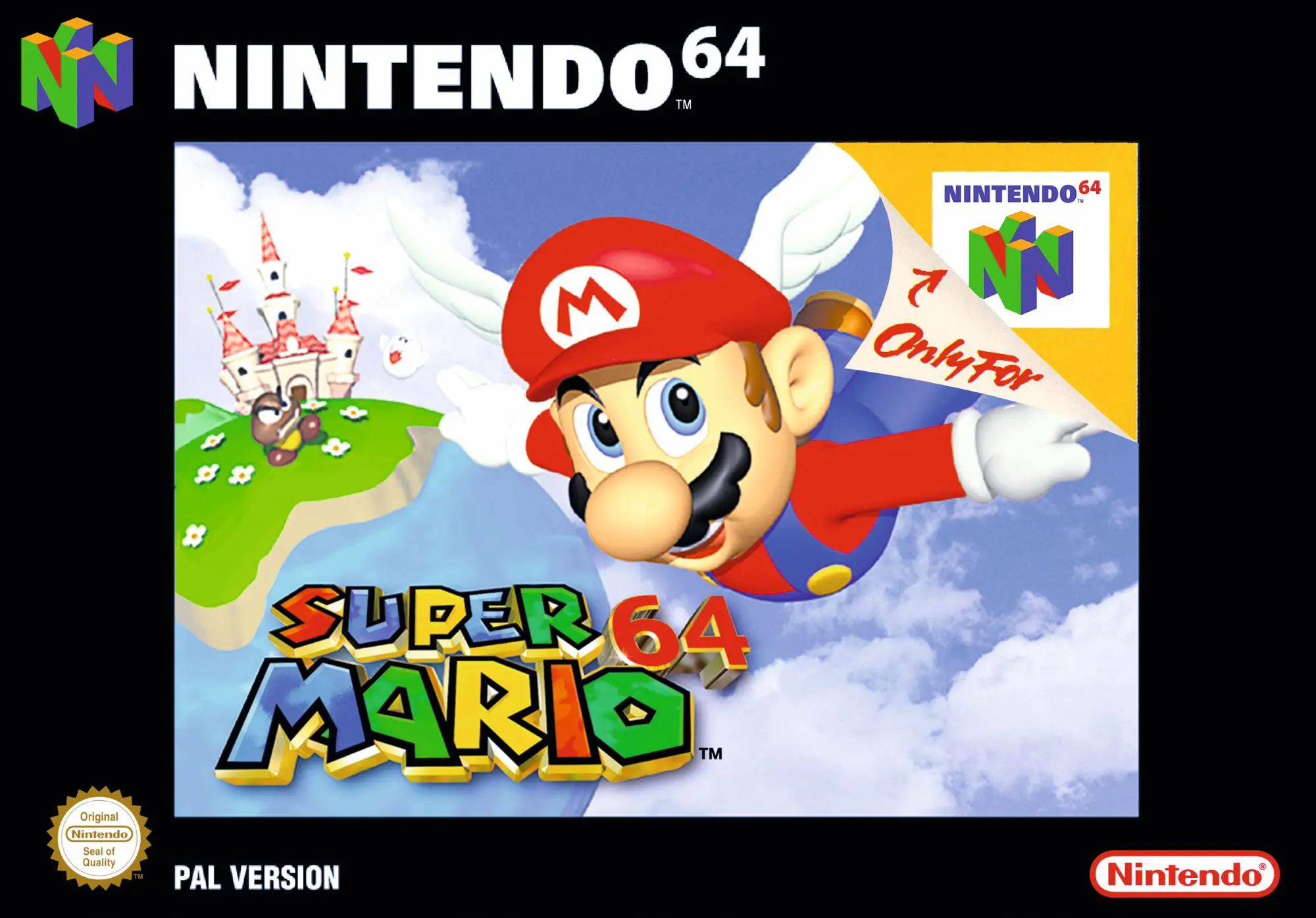 A promotional poster for the Super Mario 64 game. It shows a flying male figure wearing a red hat with an 'M' on it, blue overalls and wings. He has brown hair and a black moustache.