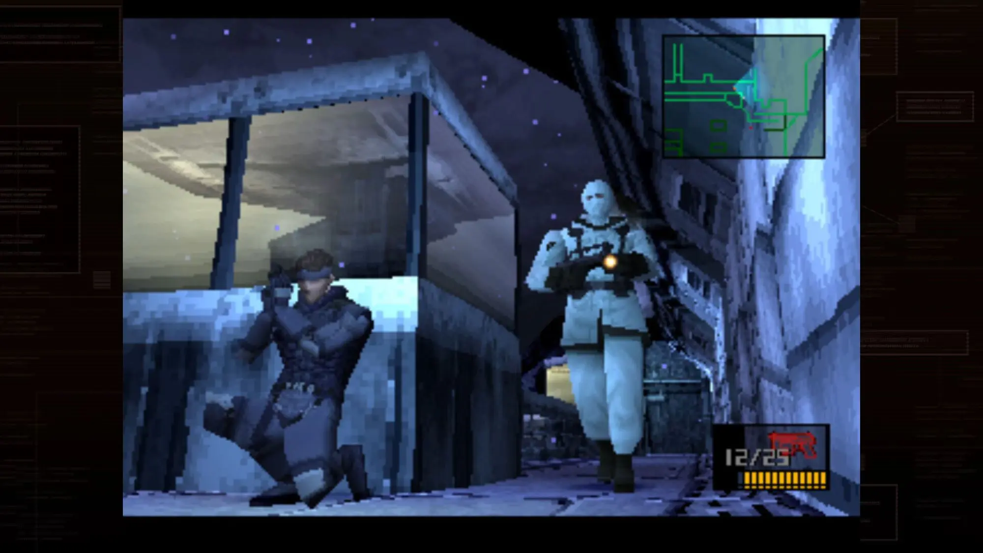A still from the Metal Gear Solid computer game. It shows a male figure all in black kneeling down and a figure in white holding a torch and gun walking up behind him.