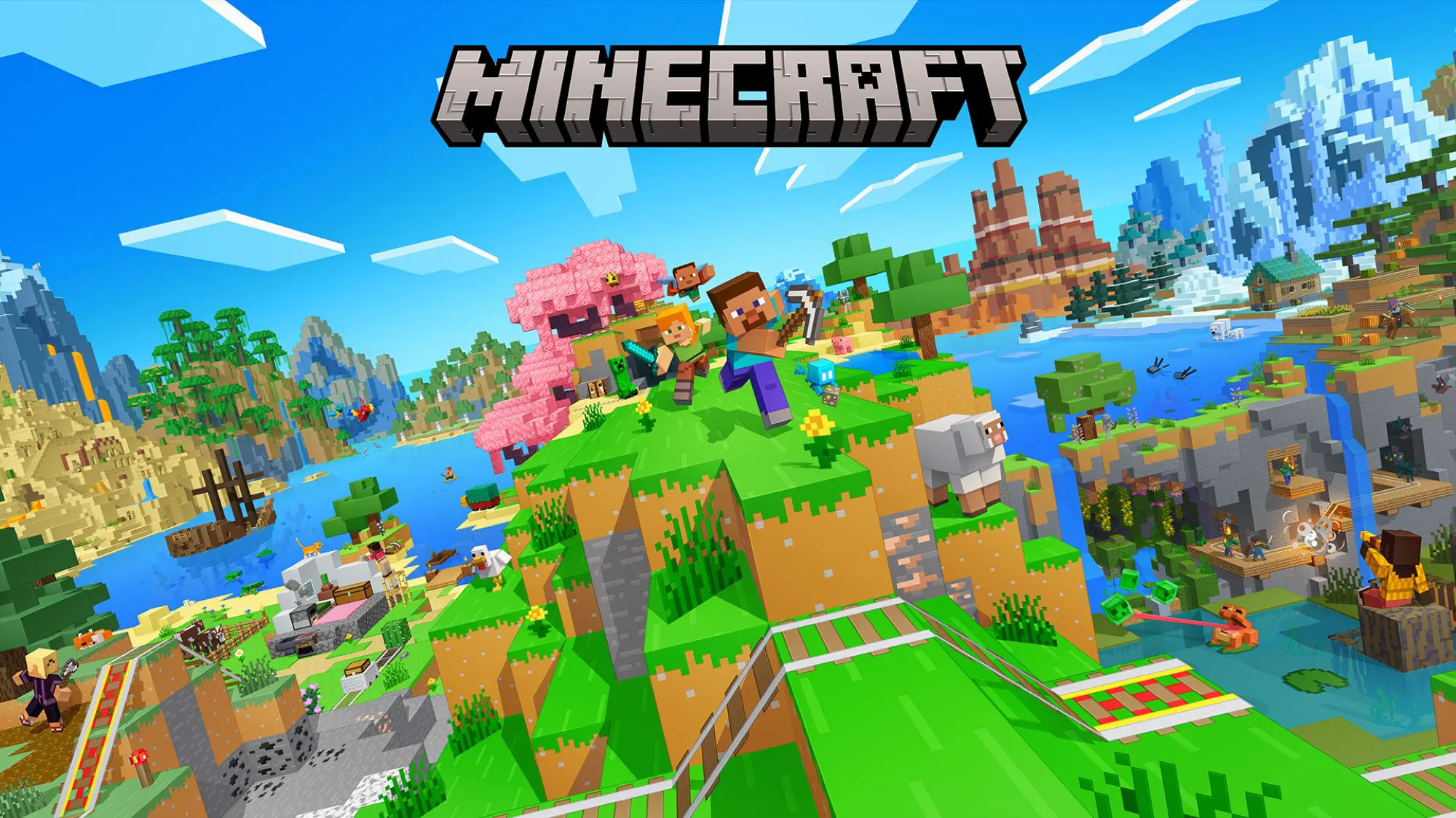A promotional poster for the Minecraft game. It shows three block figures running on a hillside surrounded by water, hills and mountains.