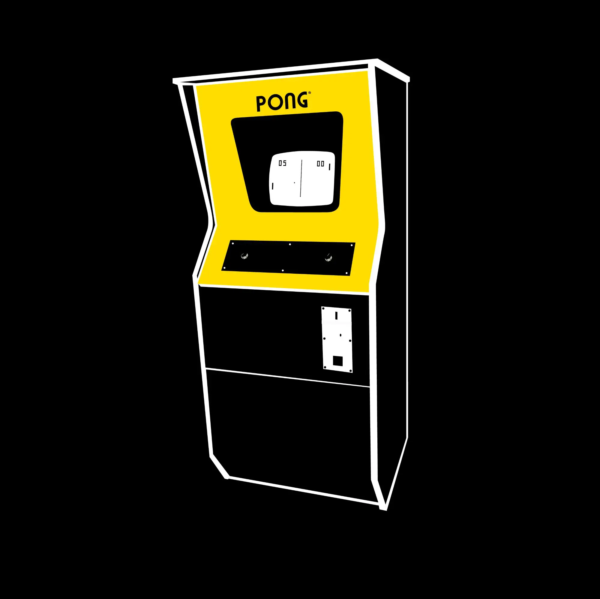 An animation style drawing of an arcade machine with a yellow surround around the screen and the word 'PONG' written above it.
