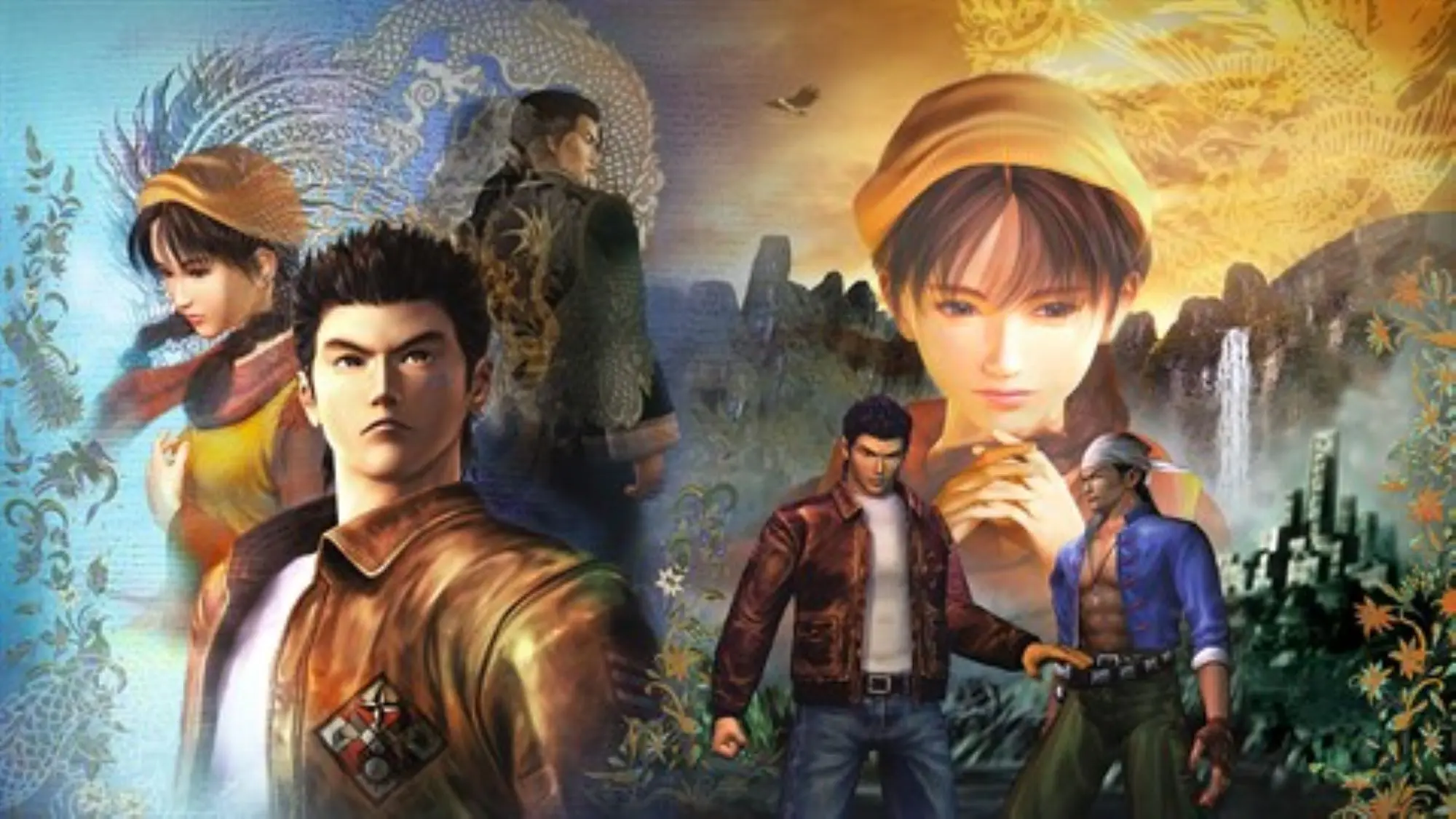 A promotional image for the Shenmue game. It shows six figure on varying backgrounds including a waterfall, a forest and one with a floating dragon image.