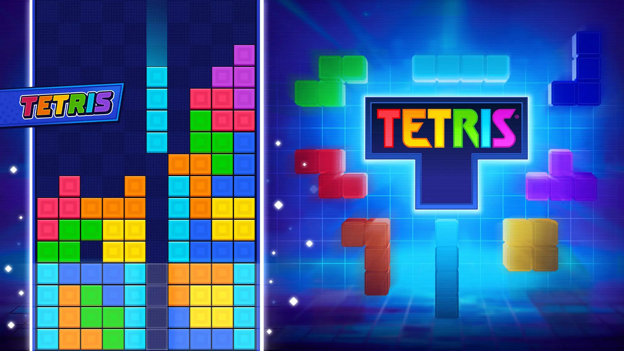 A promotional poster for the Tetris game. It shows multi-coloured blocks on the left hand side with the Tetris logo surrounded by blocks on the right hand side.