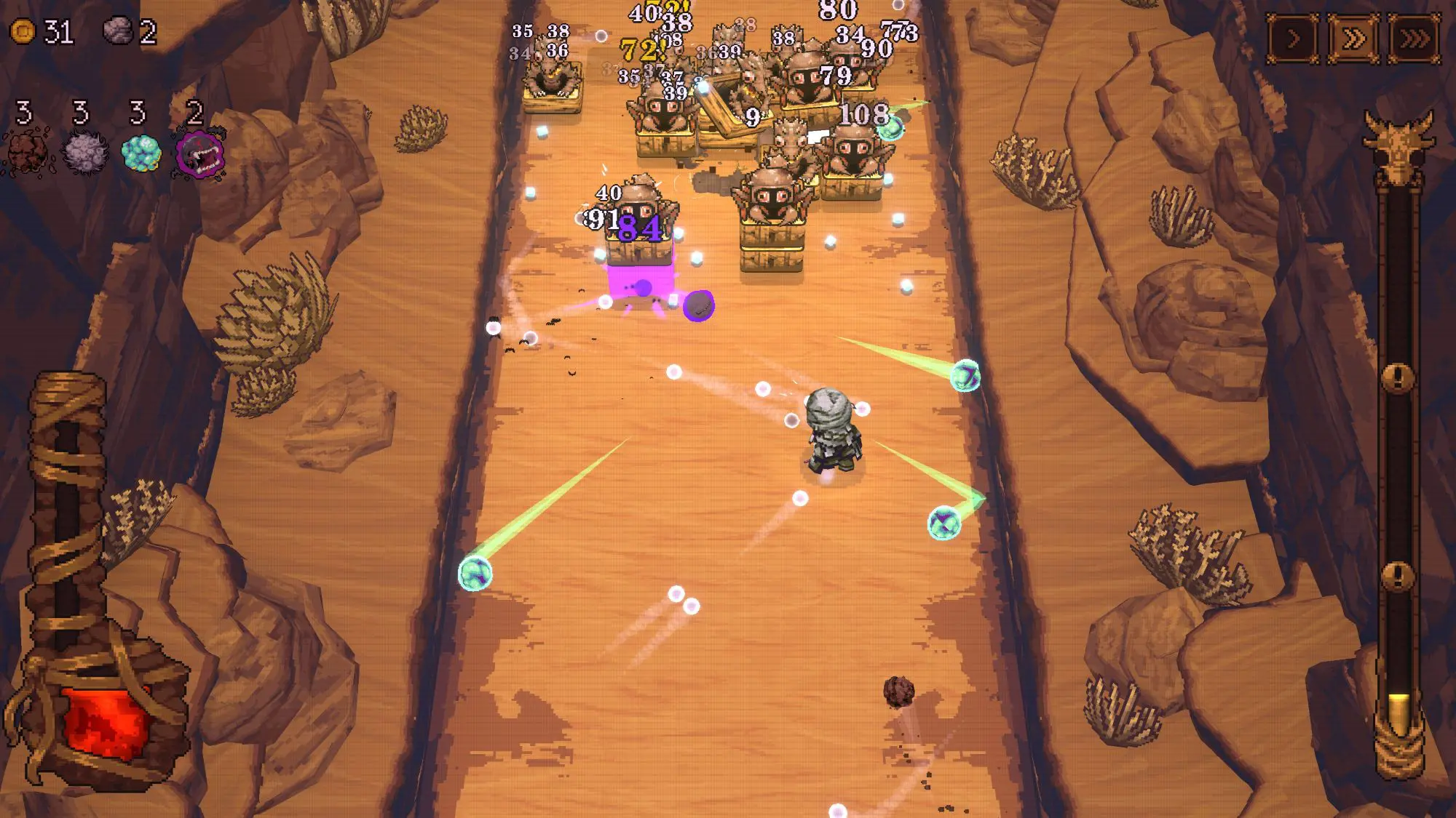 A still from the game BALL x PIT. Multiple crab like figures in wooden boxes heading towards a zombie.
