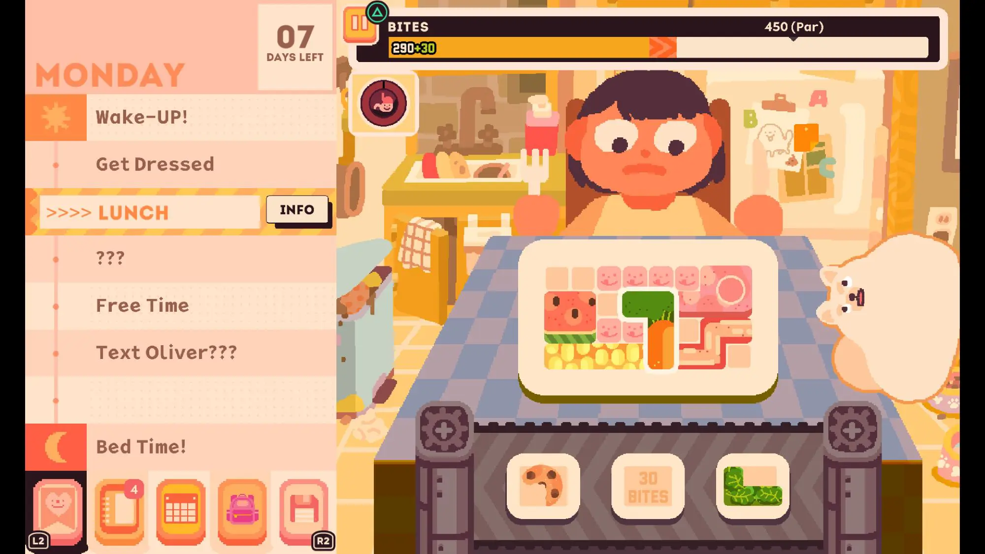 A still from the game Consume Me. A girl sat in a kitchen with a fat cat and a plate full of food in front of her. On the left of the screen is a box that says 'Monday' and has a checklist of things to do.