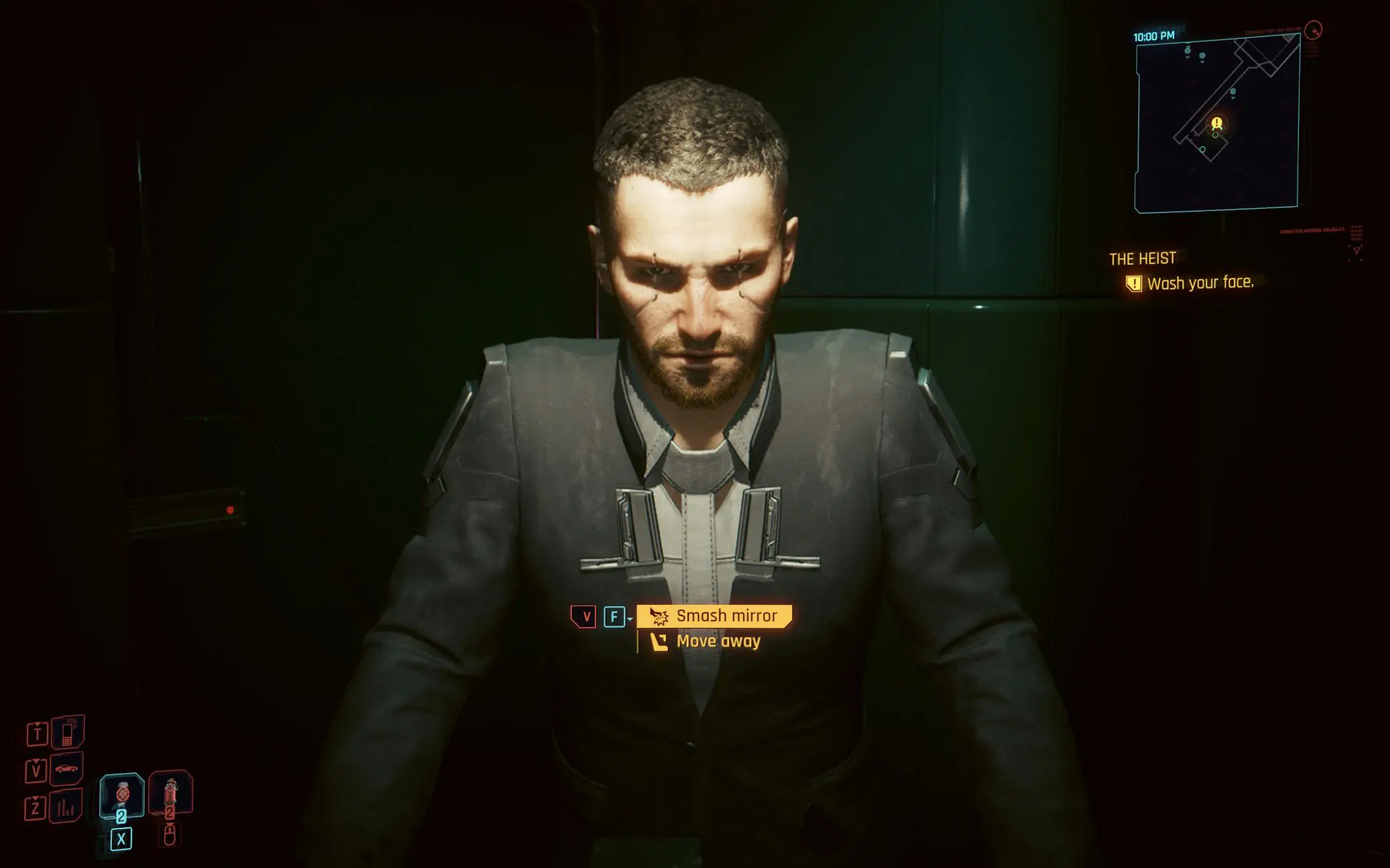 A still from the game Cyberpunk 2077. A close up image of a man with a buzzcut and scars over his eyes wearing and all black military style outfit.