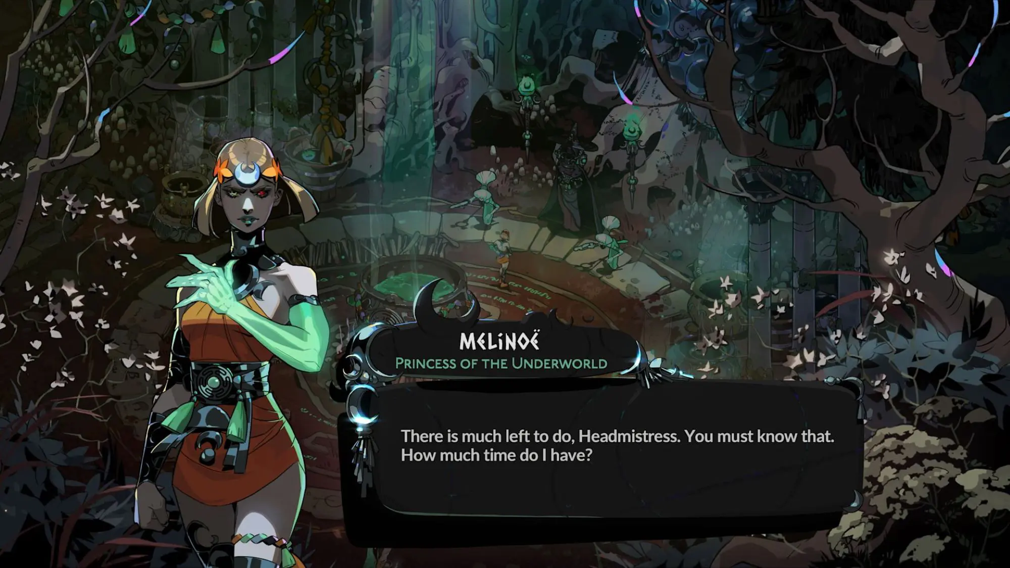 A still from the game Hades II. An ethereal looking female figure wearing a short orange dress and various flower and moon adornments floating above what looks like a forest witch camp. There is a dialogue box on the screen next to them.