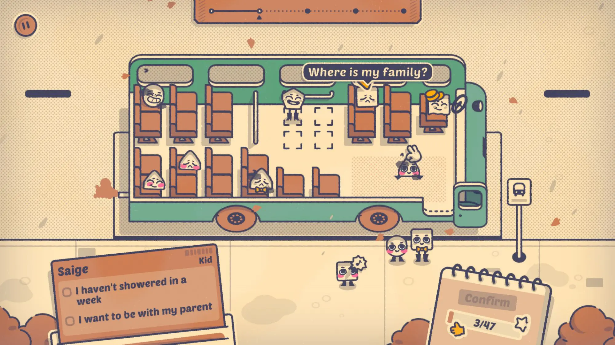 A still from the game Is This Seat Taken. An aerial view from the top of a bus with the roof taken off. The bus has various shaped figures on it, some with dialogue boxes.