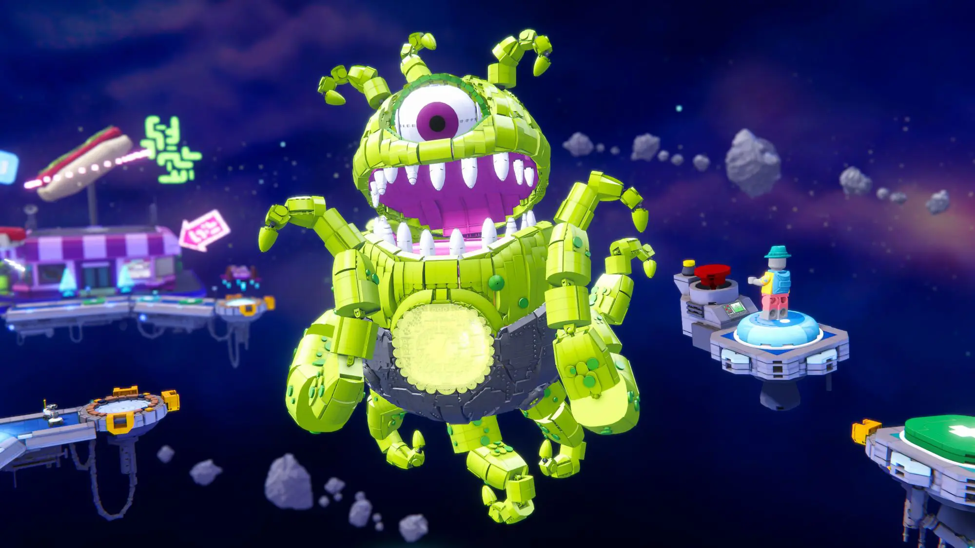 A still from the game LEGO Party! A Lego monster with multiple legs, green skin and a purple eye, floating in space.