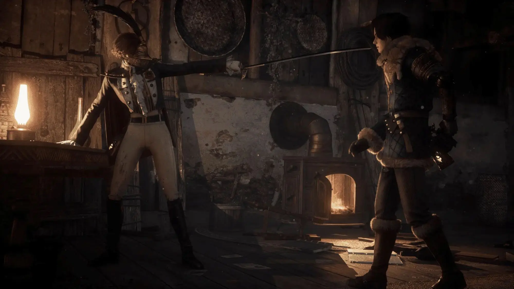 A still from the game Lies of P Overture. A male figure in a regency outfit and gold beaked mask pointing a long, thin sword in the face of a person wearing a padded fur trimmed coat.