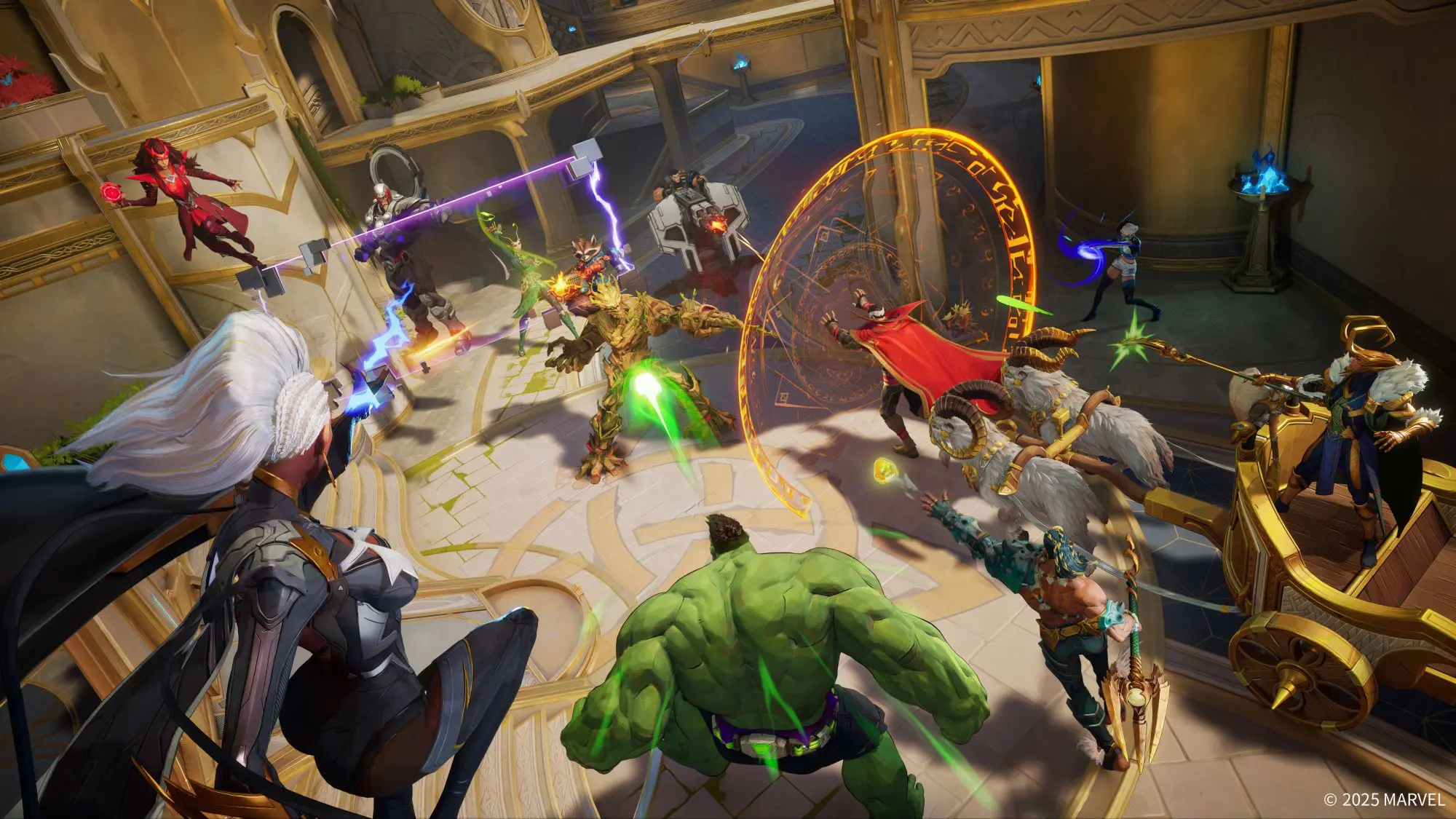 A still from the game Marvel Rivals. Characters from the Marvel universe, including Storm, the Hulk, and the Scarlet Witch all fighting a tree-like opponent.