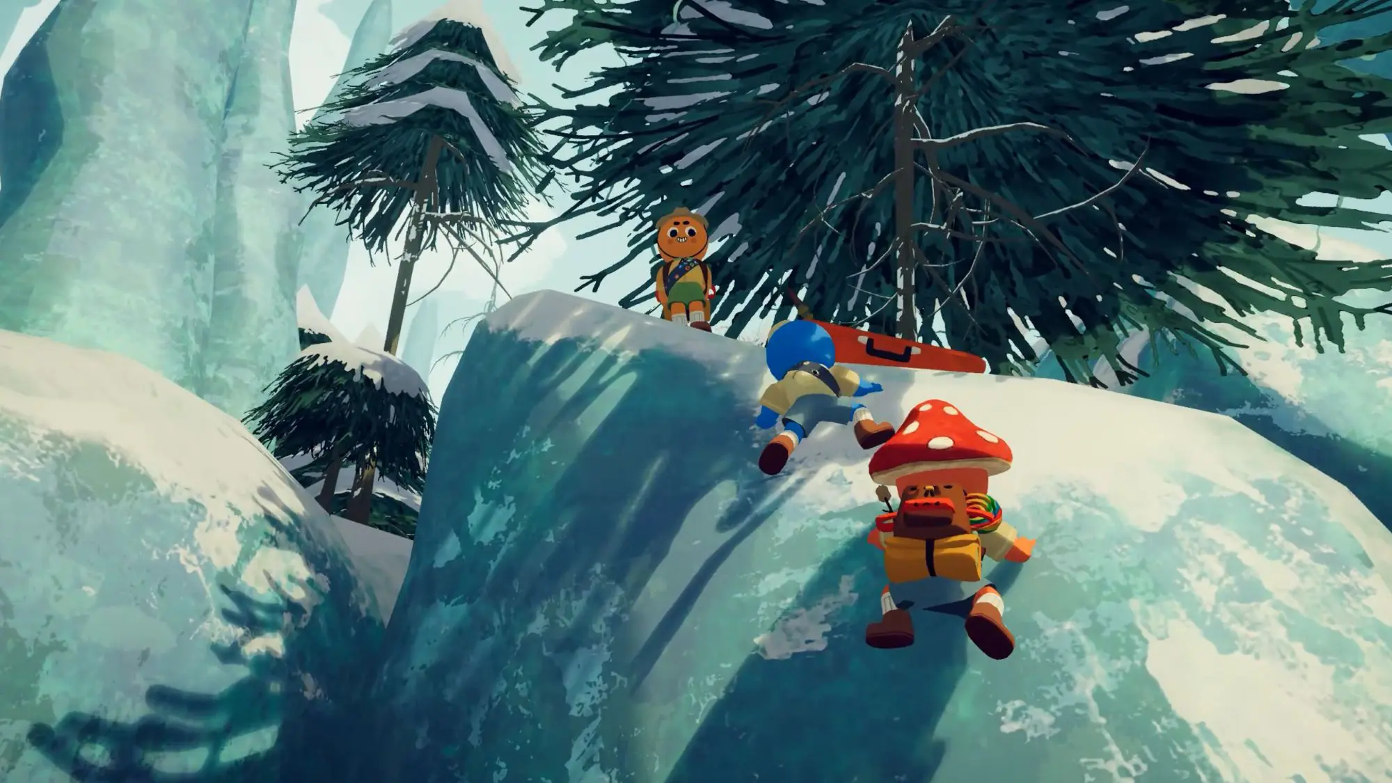 A still from the game PEAK. Three figures, one with a mushroom topped head climb up a snowy hill which has a large tree on the top of it.