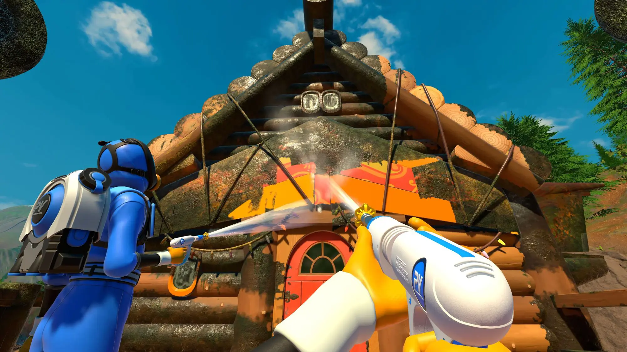 A still from the game PowerWash Simulator 2. A figure in an all-in-one blue suit, wearing a mask and some form of power wash pack hosing down a log cabin.