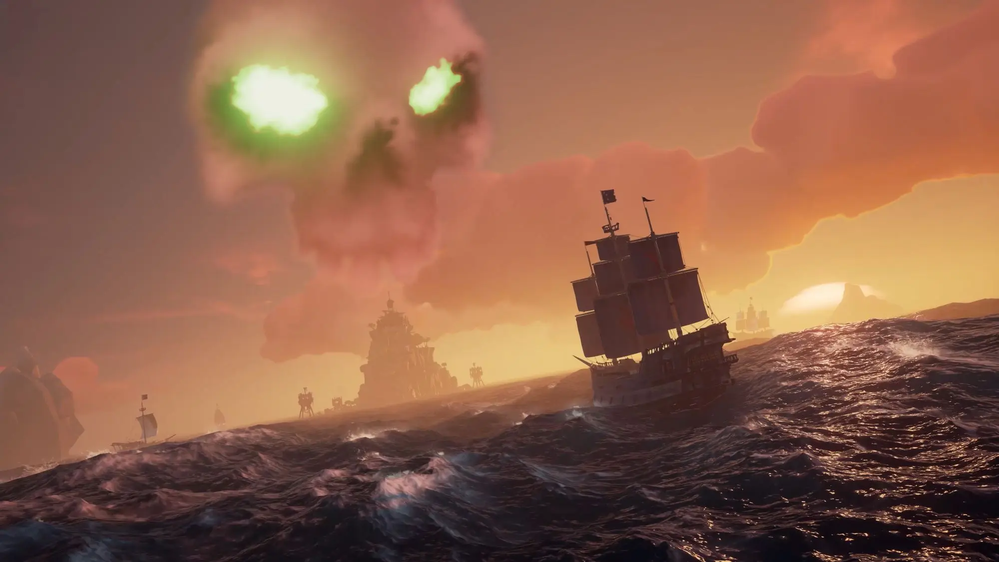 A still from the game Sea of Thieves. A large boat sailing on choppy waters towards an island that has a skull cloud with glowing eyes above it.