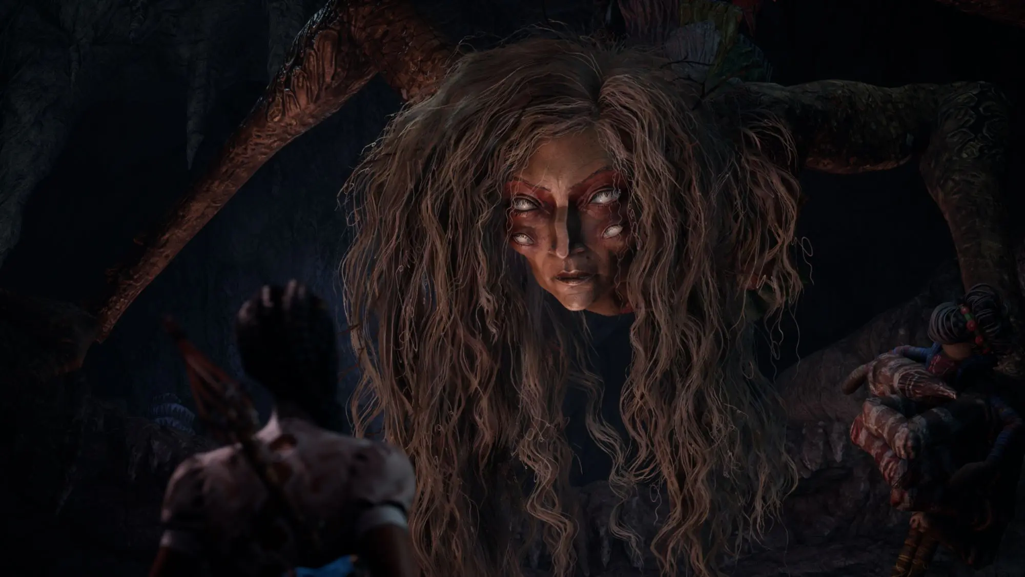 A still from the game South of Midnight. A witchy looking woman with wild curly hair, four eyes, and an insect like body.