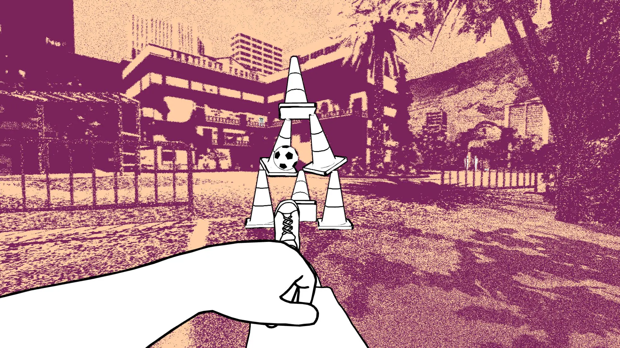 A still of the game despelote. A sepia style image of a park with a building in the background and a superimposed black and white image of a hand and foot aiming a football at a pyramid of cones.